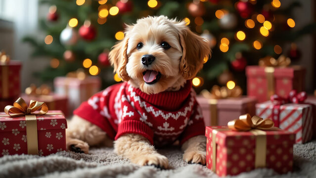 A cute dog in a festive sweater surrounded by Christmas gifts and ornaments. A warm atmosphere for New Year and Christmas