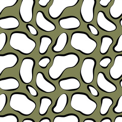 Abstract Leopard seamless pattern. Irregular black and white shapes on muted green background. Seamless design for textiles, fashion, and creative projects
