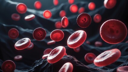 Red blood cells erythrocytes viewed under a microscope in close-up rendering.