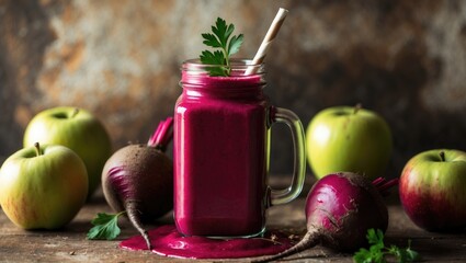 Fresh beetroot smoothie with beet, apple, and parsley on a wooden surface. The idea of natural dietary food. Vegetarian cuisine.