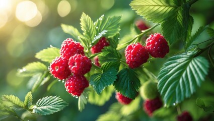 Raspberry branch with close-up view of red ripe berries.