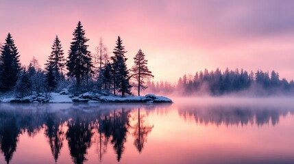 Obraz premium scenic forest lake, a tranquil spring forest with a misty lake, mirroring the gentle sunrise sky in pastel hues