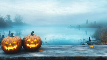 Spooky Halloween Pumpkins by Foggy Lake