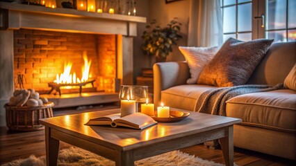 Cozy Fireplace Living Room: Candles, Books, and Comfy Couch - Stock Photo
