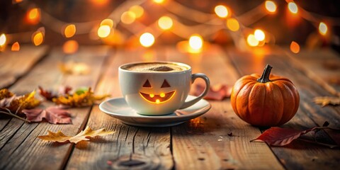 Cozy Halloween Coffee Cup with Jack-o'-Lantern Design on Rustic Wooden Table - Autumn Vibes
