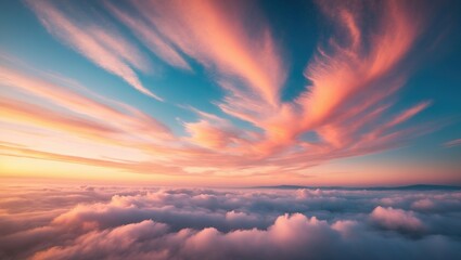 Obraz premium Stunning panoramic view of a sunrise or sunset sky adorned with gentle, colorful clouds. Long panorama, crop it.