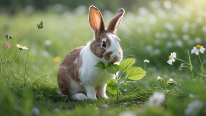 Rabbit sitting in a meadow and munching on a leaf. Close-up of a lovely bunny eating against a green background. Adorable furry pet bunny enjoying a meal on a summer day.