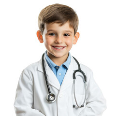A young boy dressed as a doctor wearing a stethoscope and smiling at the camera with a white coat