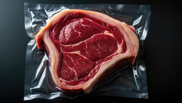 Freezer beefsteak in packaging against a black backdrop. Raw beef steak sealed in a vacuum bag for sale. Beef rib eye steak in a plastic package. Overhead view.