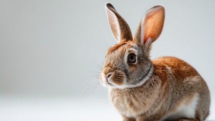 Fototapeta premium Rabbit gazing at the camera with curiosity, set against a white background.