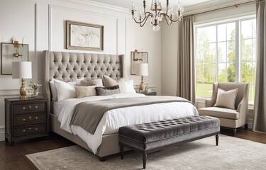 Luxurious bedroom interior featuring a tufted bed and elegant furniture