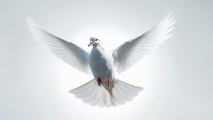 Obraz premium Free flying white dove against a plain background as a symbol of peace.