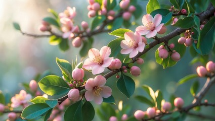 Quince tree blossoms. The pink to white flowers of the Quince tree, blooming on the tips of branches during the spring season, illuminated by sunlight.