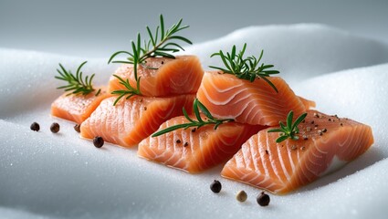 Piece of raw salmon cube with rosemary and peppercorn isolated on white background close up