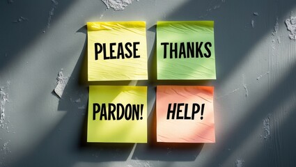 Four vibrant sticky notes displaying the words please, thanks, pardon, and help are positioned on a gray surface.