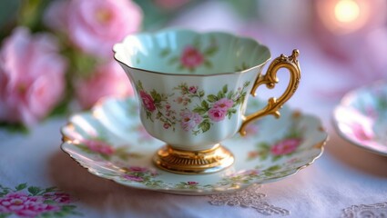 Fototapeta premium Antique floral tea set close-up shot