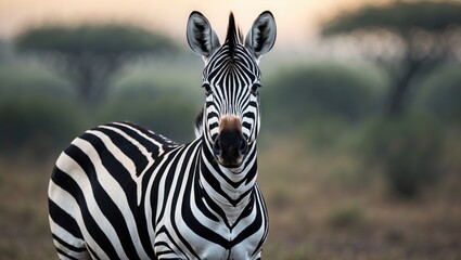 Naklejka premium Africa sunset. Plains zebra, Equus quagga, in the grassy habitat during evening light. Sunset in the savannah. Animals among large trees.