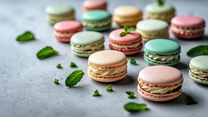 Assorted macarons accompanied by mint leaves on a light gray concrete surface. Perfect for holiday-themed food imagery with plenty of copy space.