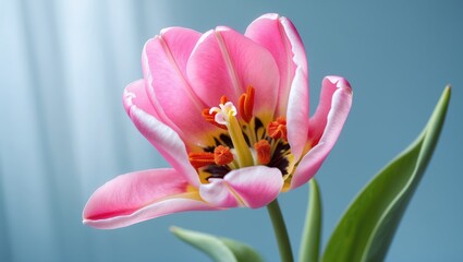 Fototapeta premium A vibrant pink tulip on a green stem with some leaves set against a light blue backdrop. The base is yellow. The petals have a soft, papery texture. The center features an orange pistil with thick ...
