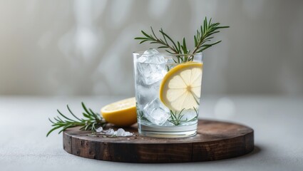 Fototapeta premium Cocktail beverage with lemon, rosemary, and ice on a table.