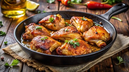 Fototapeta premium Crispy Pan-Fried Chicken Pieces, Golden Brown & Juicy - Stock Photo