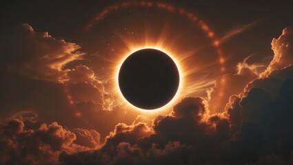 Obraz premium Incredible scientific backdrop - total solar eclipse in dark red illuminated sky, supernatural event, Moon moves between celestial bodies.