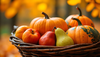  Autumn harvest: Basket with fall vegetables and fruits such as pumpkins, apples and pears on a background of golden leaves.