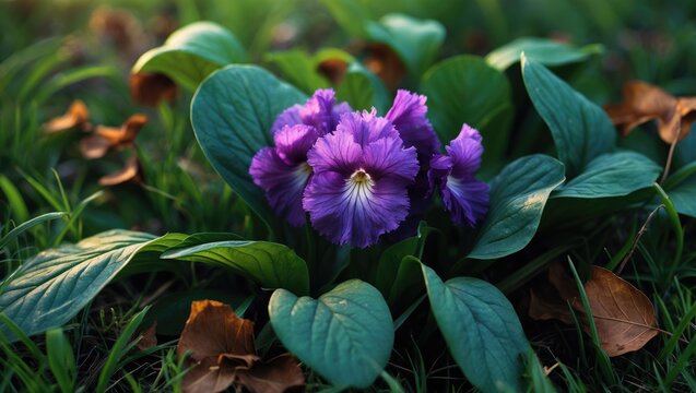 Amidst the spring foliage, fragile violets flourish, murmuring the splendor of nature's revival.