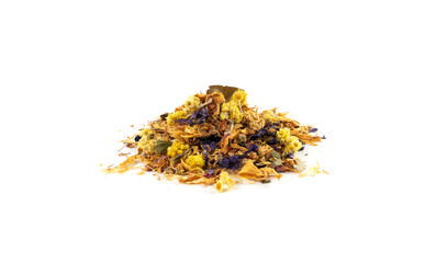 Dried edible flowers mix, Helichrysum arenarium, dwarf everlast, medical herb tea pile isolated