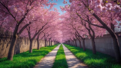 Naklejka premium Alley of blooming cherry trees along the route of the former Wall. Radiant sunlight casting shadows.