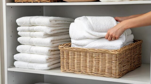 Hands are folding and arranging white towels on a shelf with a woven basket for a clean and organized bathroom look