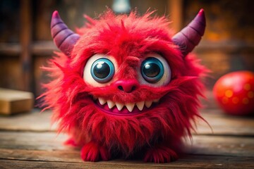 Fototapeta premium Cute Crimson One-Eyed Monster with Tiny Horns, Stock Photo