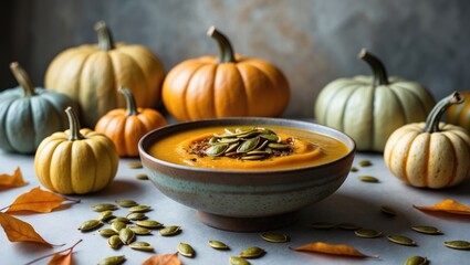 Pumpkin Soup with Cream, Dill and Pumpkin Seeds, Tasty Dish, Bird's Eye View