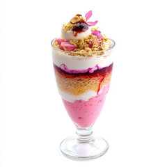 A glass of falooda, with a layered dessert drink made from milk, rose syrup, vermicelli, and ice cream, garnished with nuts and tutty fruity, isolated on clean white background.