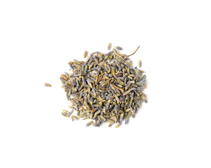 Dry lavender flowers isolated, scattered lavandula perfume buds, petals, fragrance lilac blossoms, herbs