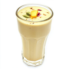 A glass of refreshing lassi, with a creamy yogurt base and a variety of flavors, such as mango, rose, or cardamom, isolated on clean white background.