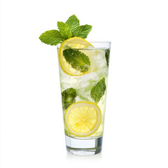 A glass of nimbu pani, with a refreshing drink made from lemon, sugar, and water, garnished with mint leaves and a slice of lemon, served in a tall glass with ice cubes, isolated on clean white