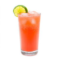 A close-up of a refreshing agua fresca, a light fruit drink made with fresh fruits, water, and a touch of sugar, served in a tall glass, isolated on clean white background.