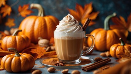 Pumpkin spice latte topped with whipped cream and a cinnamon stick in a glass cup resting on a table. Space available for text.