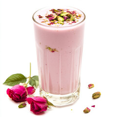 A glass of rose lassi, with a creamy yogurt base and a delicate rose flavor, garnished with pistachios and rose petals, isolated on clean white background.