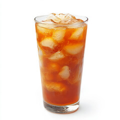 A close-up of a refreshing tamarind agua fresca, a sweet and tangy drink made with tamarind pulp, water, and sugar, served in a tall glass with ice, isolated on clean white background.