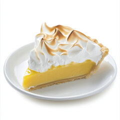 A well crafted shot of a slice of lemon meringue pie, featuring a tangy lemon custard and fluffy meringue, served on a white plate. The lemon meringue pie, with its sweet and tart flavors and airy