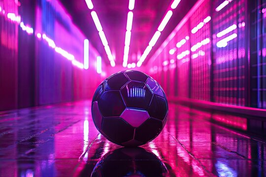 Futuristic soccer ball in neon tunnel