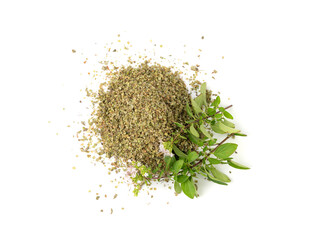 Dry thyme isolated, dried marjoram, oregano pile, ground crushed thyme seasoning, thyme leaves