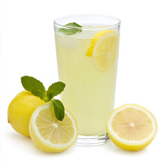 A glass of nimbu pani, with a refreshing drink made from lemon, sugar, and water, isolated on clean white background.