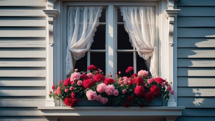 Fototapeta premium A slate grey wooden wall featuring colonial white trim on a cottage. There is a glass window adorned with a flower box filled with colorful flowers. The window displays lace curtains.