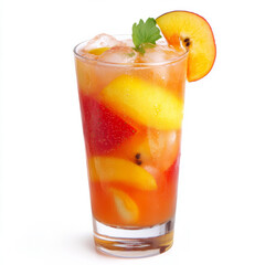 A close-up of a refreshing agua fresca, a light fruit drink made with fresh fruits, water, and a touch of sugar, served in a tall glass with ice and garnished with a fruit slice, isolated on clean