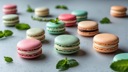 Obraz premium Assorted macarons positioned with mint leaves on a light gray concrete backdrop. Perfect for holiday-themed food imagery featuring ample space for text.