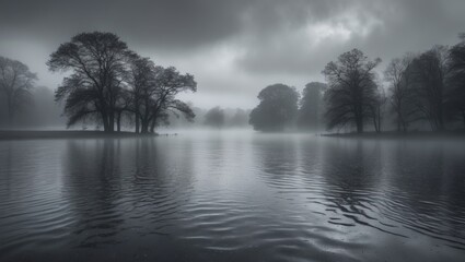 Fototapeta premium Rainy day with a gray landscape featuring a pond adorned with raindrops and a sky entirely hidden by clouds, resulting in limited visibility due to rain and fog.