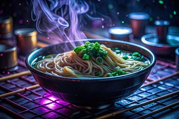 Cyberpunk Hacker Eats Ramen Noodles: Digital Glitch Food Photography